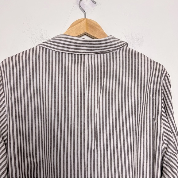 Tulip Lagenlook Shirt Brownish Gray Stripe Loose Asymmetrical Hem Button Down - Picture 12 of 14